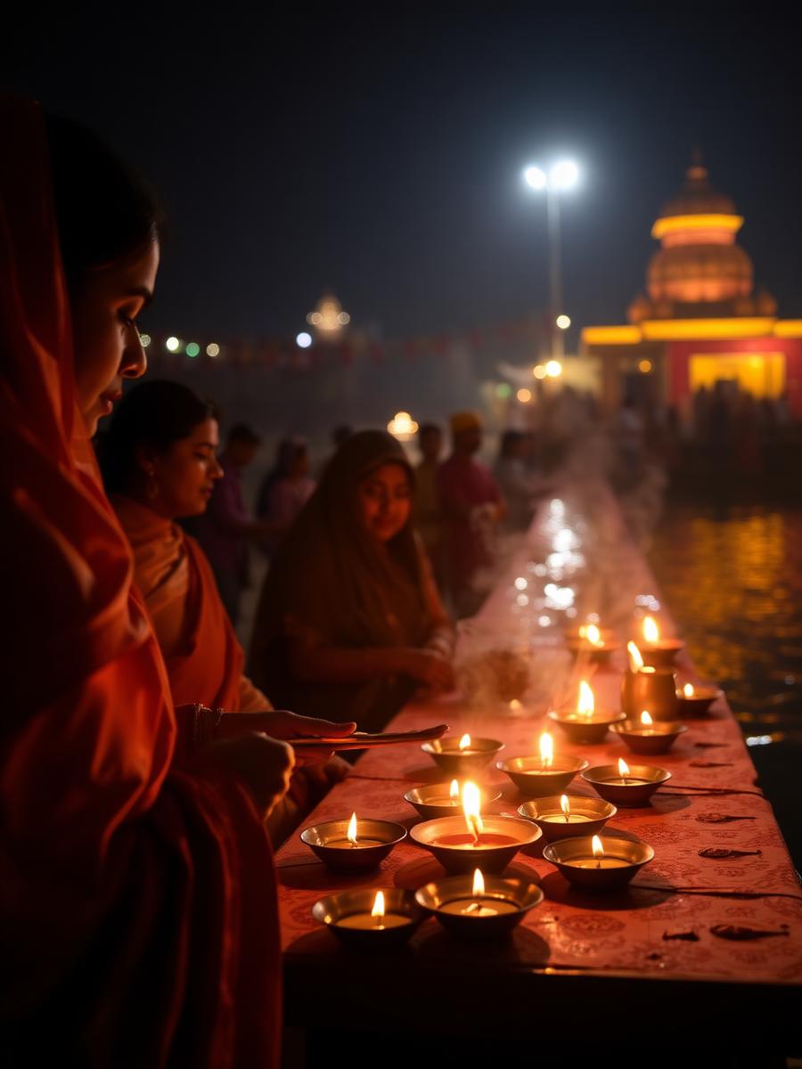 Devotees performing evening aarti with diyas