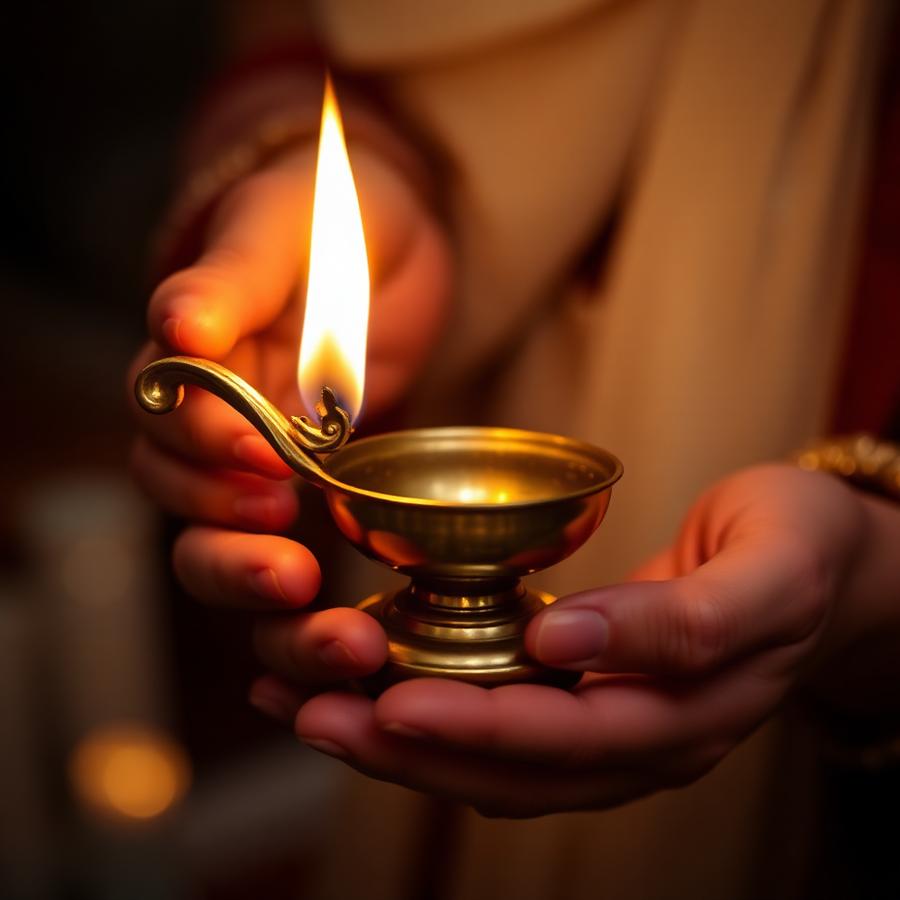 Hands holding brass diya during darshan